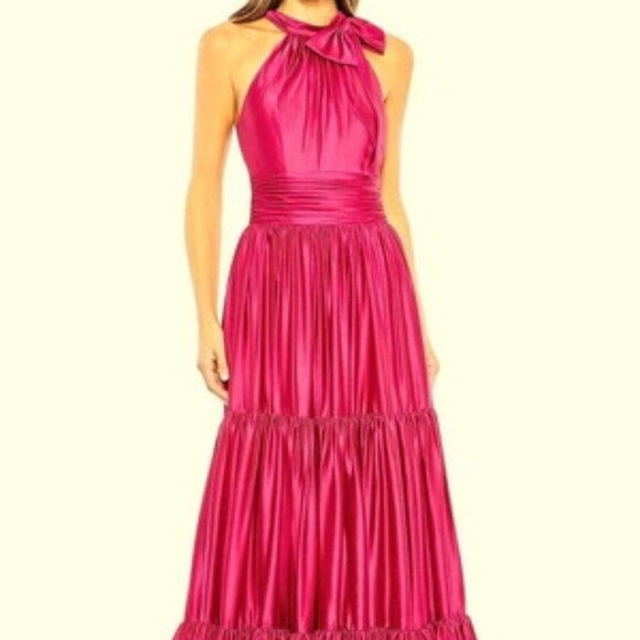 Mac Duggal Fuchsia Bow Detail Tiered Satin A-Line Gown